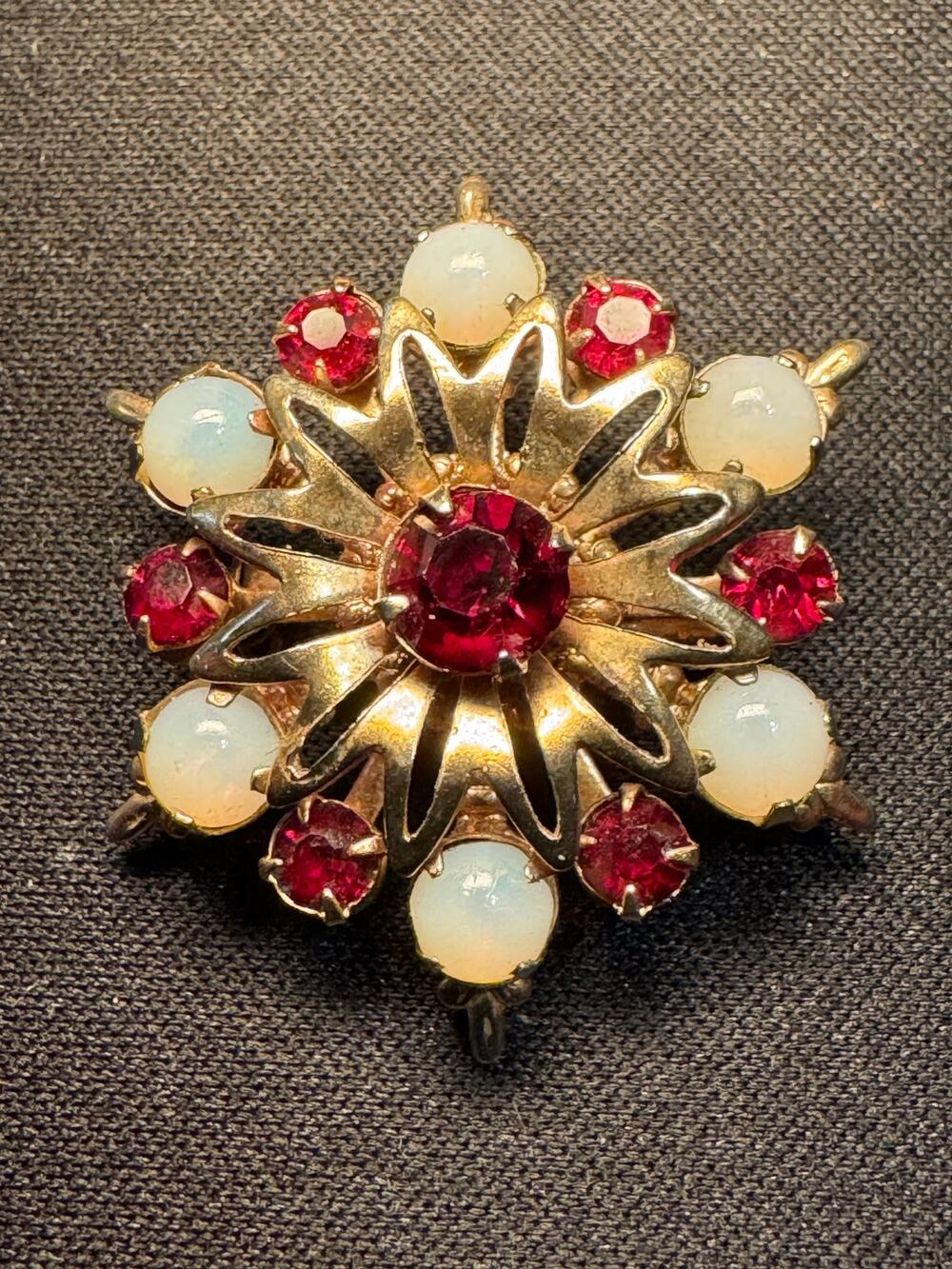 Vintage 1950's Opal Garnet Gemstone Gold Tone Starburst Brooch